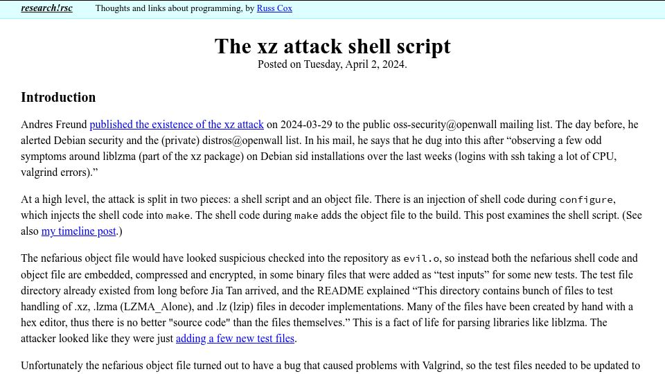 Screenshot of research.swtch.com: The xz attack shell script