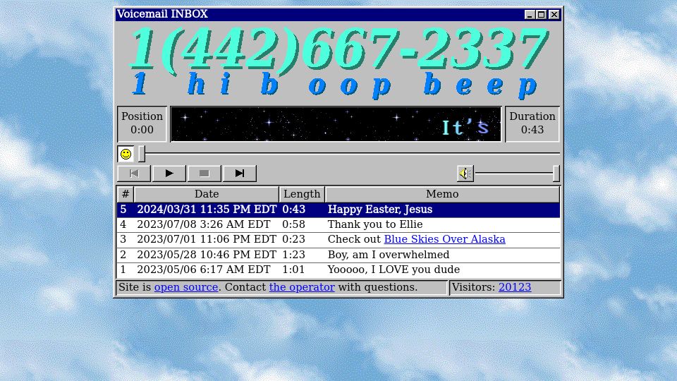 Screenshot of afterthebeep.tel: Anonymous public voicemail inbox