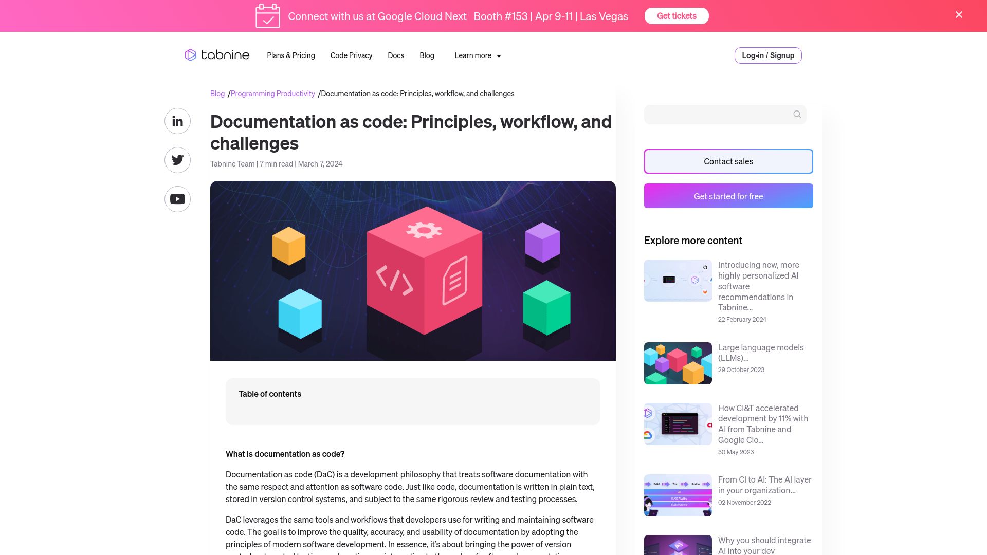 Screenshot of tabnine.com: Documentation as code: Principles, workflow, and challenges