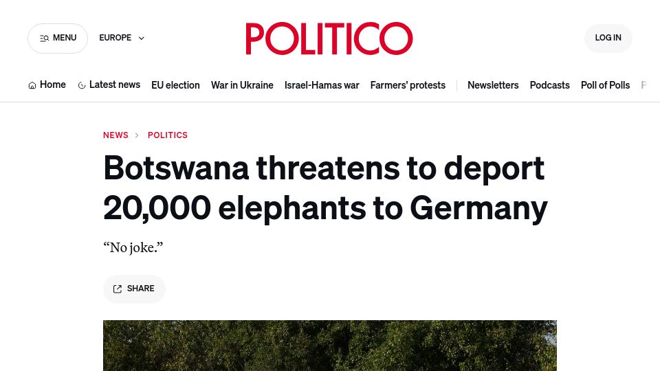 Screenshot of politico.eu: Botswana threatens to deport 20k elephants to Germany