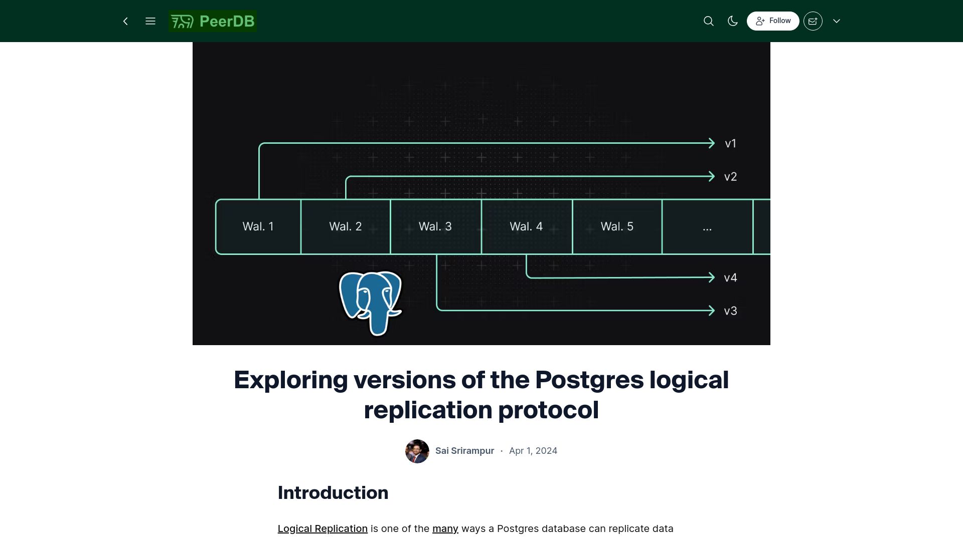 Screenshot of blog.peerdb.io: Exploring versions of the Postgres logical replication protocol