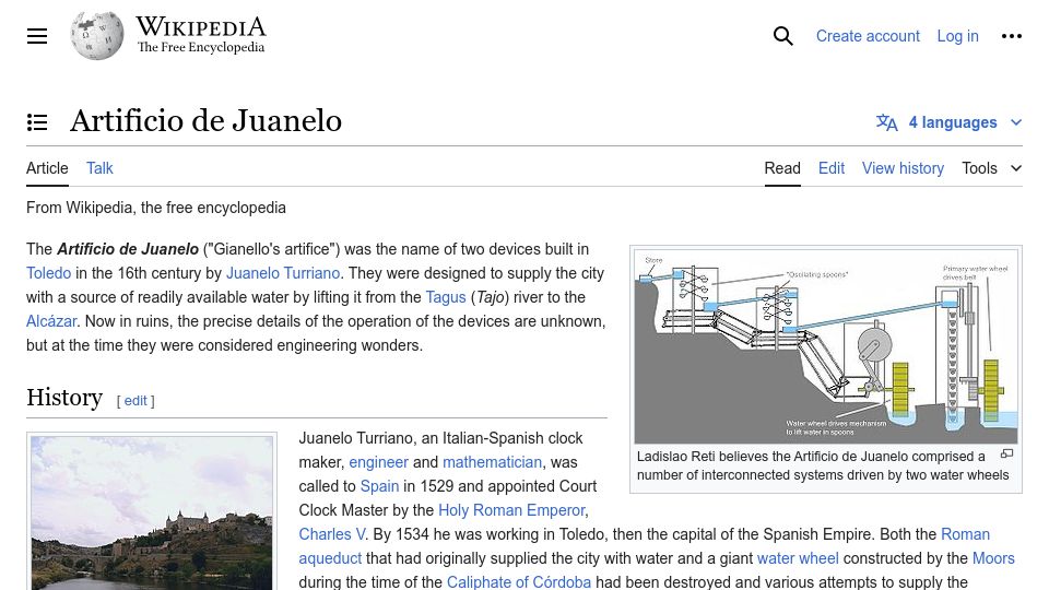 Screenshot of en.wikipedia.org: Artificio de Juanelo