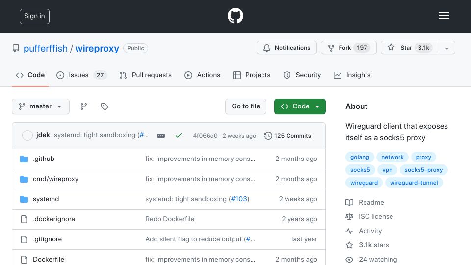 Screenshot of github.com: Wireproxy: WireGuard client that exposes itself as a HTTP/SOCKS5 proxy