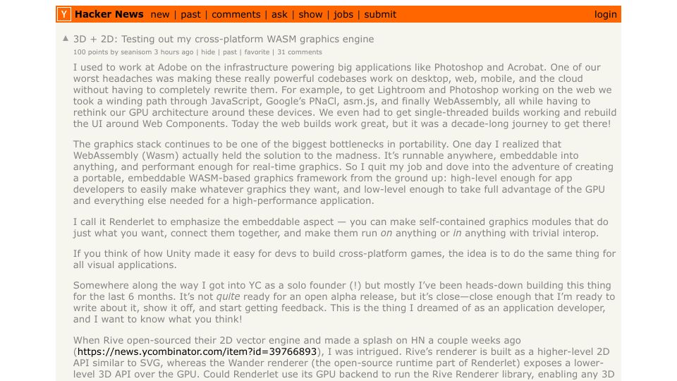 Screenshot of Hacker News post: 3D + 2D: Testing out my cross-platform WASM graphics engine