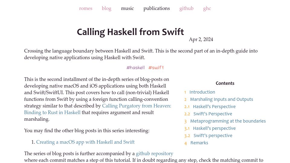 Screenshot of alt-romes.github.io: Calling Haskell from Swift