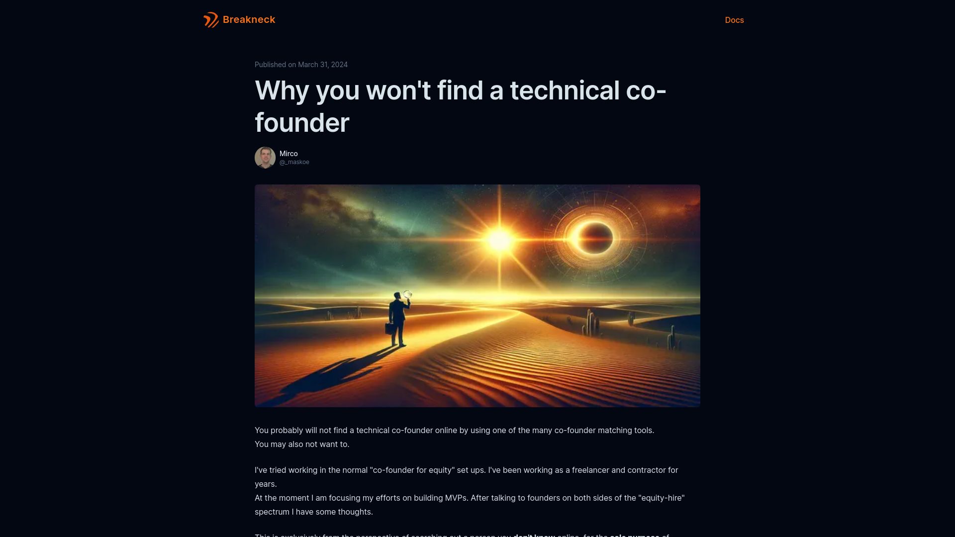 Screenshot of breakneck.dev: You won't find a technical co-founder
