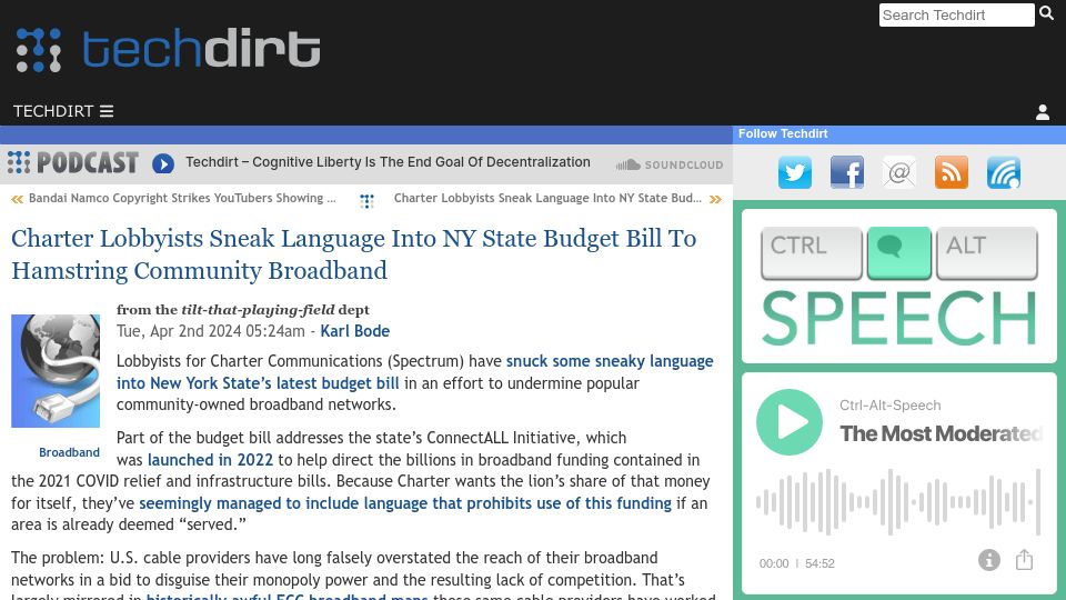 Screenshot of techdirt.com: Charter Lobbyists Sneak Language into NY Bill to Hamstring Community Broadband