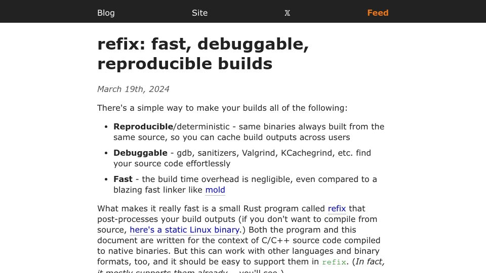 Screenshot of yosefk.com: Refix: Fast, Debuggable, Reproducible Builds