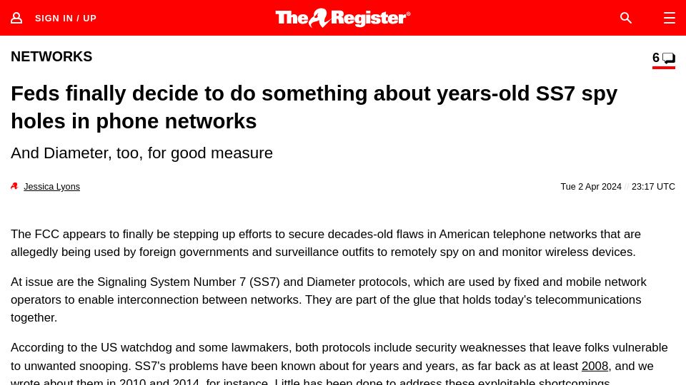 Screenshot of theregister.com: Feds decide to do something about years-old SS7 spy holes phone networks
