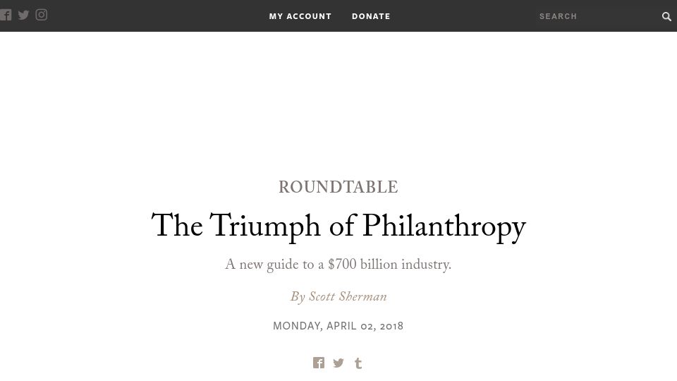 Screenshot of laphamsquarterly.org: The Triumph of Philanthropy (2018)