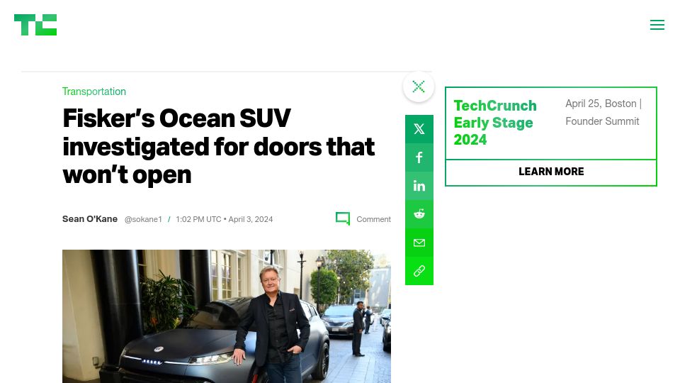 Screenshot of techcrunch.com: Fisker's Ocean SUV investigated for doors that won't open
