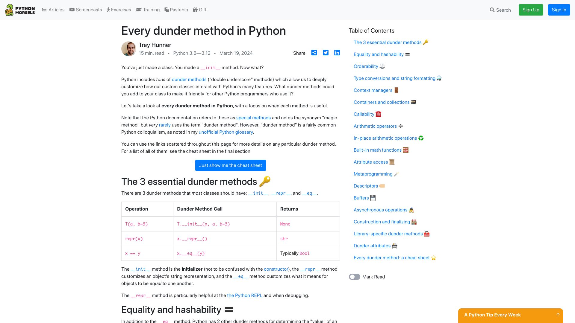Screenshot of pythonmorsels.com: Every Dunder Method in Python