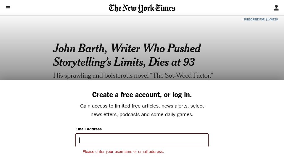 Screenshot of nytimes.com: John Barth has died