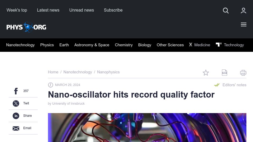 Screenshot of phys.org: Nano-oscillator hits record quality factor