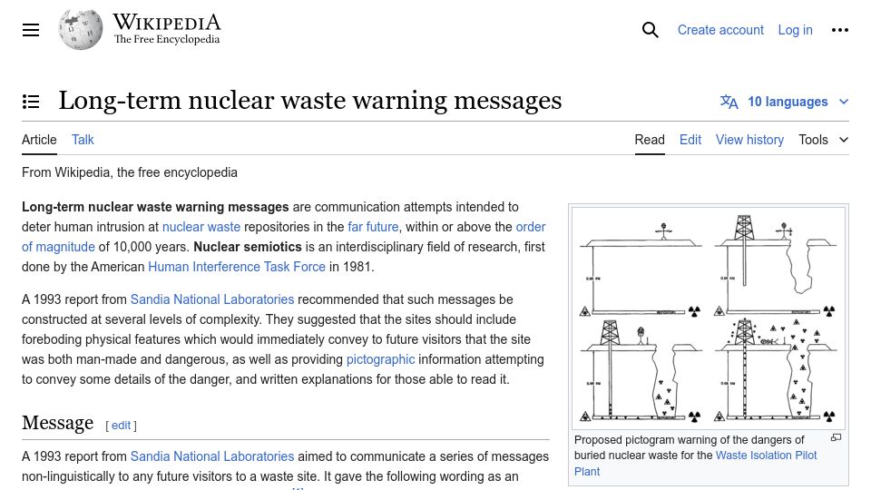 Screenshot of en.wikipedia.org: Long-term nuclear waste warning messages