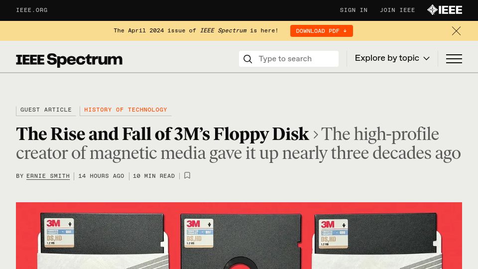 Screenshot of spectrum.ieee.org: The Rise and Fall of 3M's Floppy Disk (2023)