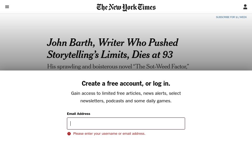 Screenshot of nytimes.com: John Barth, writer who pushed storytelling limits, dies at 93