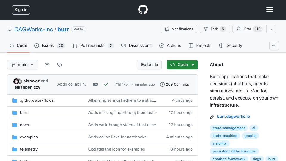 Screenshot of github.com: Show HN: Burr – A framework for building and debugging GenAI apps faster