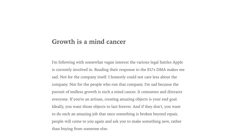 Screenshot of manuelmoreale.com: Growth is a mind cancer