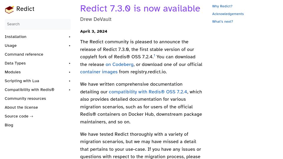 Screenshot of redict.io: Redict 7.3.0, a copyleft fork of Redis, is now available