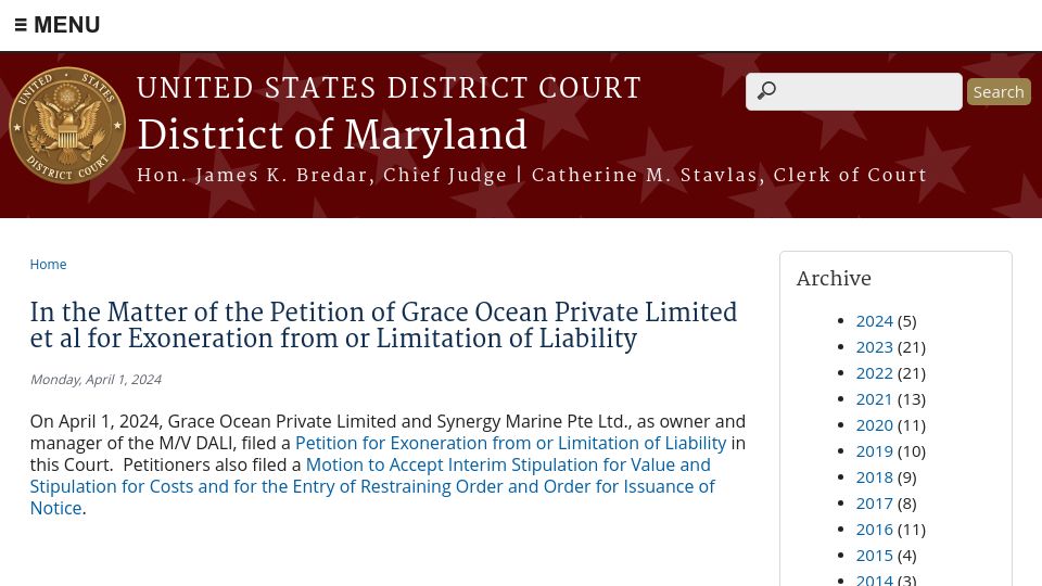 Screenshot of mdd.uscourts.gov: Dali owner file petition to cap liability in Baltimore bridge collapse at $43.7M