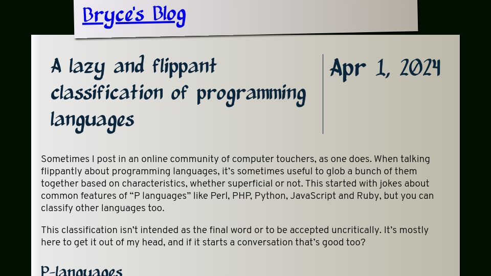 Screenshot of blog.brycekerley.net: A lazy and flippant classification of programming languages