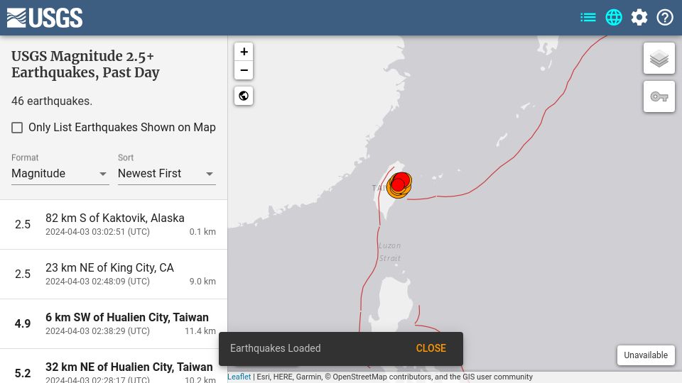 Screenshot of earthquake.usgs.gov: 7.4 earthquake in Taiwan, 34km depth