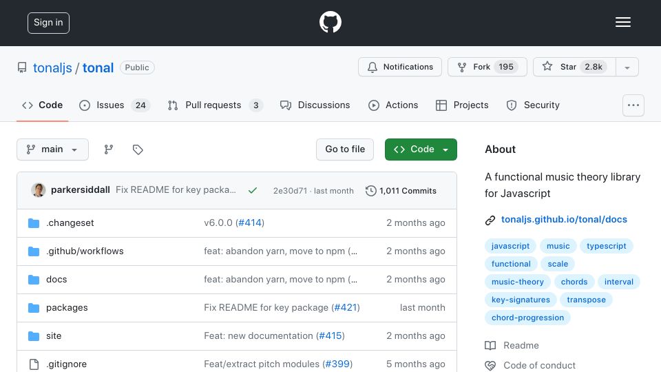 Screenshot of github.com: Tonal.js: Functional music theory lib