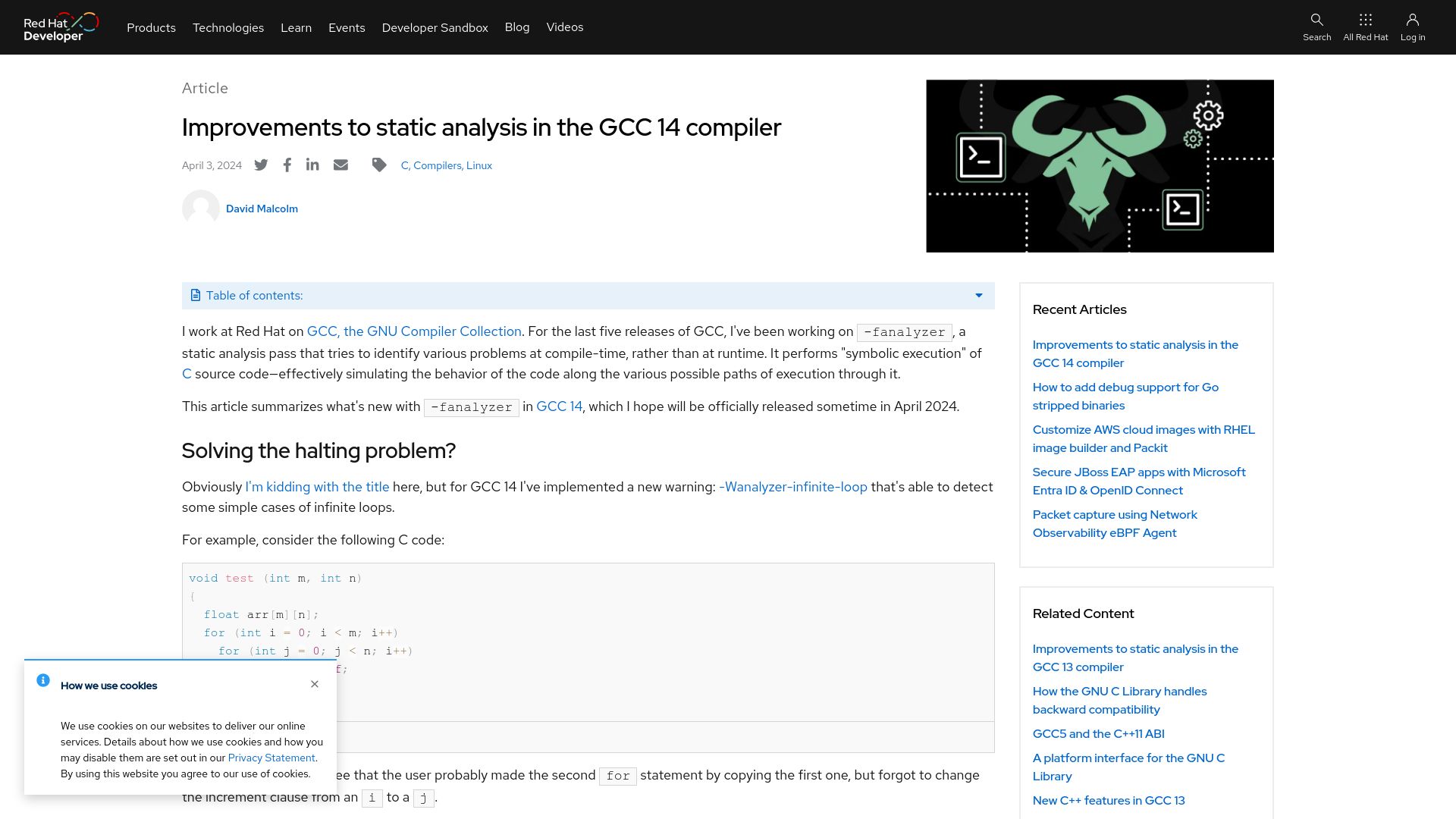 Screenshot of developers.redhat.com: Improvements to static analysis in GCC 14