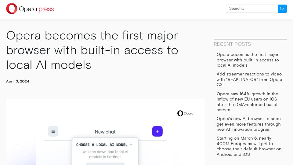 Screenshot of press.opera.com: Opera becomes the first major browser with built-in access to local AI models
