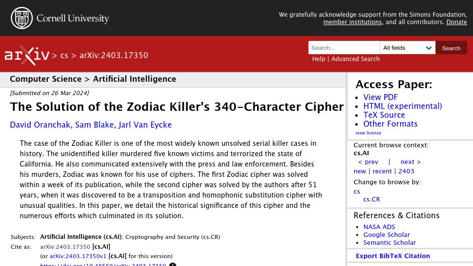 Screenshot of arxiv.org: The Solution of the Zodiac Killer's 340-Character Cipher
