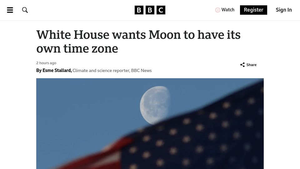 Screenshot of bbc.co.uk: White House wants Moon to have its own time zone, Coordinated Lunar Time (CLT)