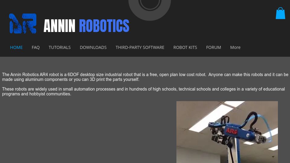 Screenshot of anninrobotics.com: Annin Robotics AR4, open plan low cost 6DOF desktop industrial robot