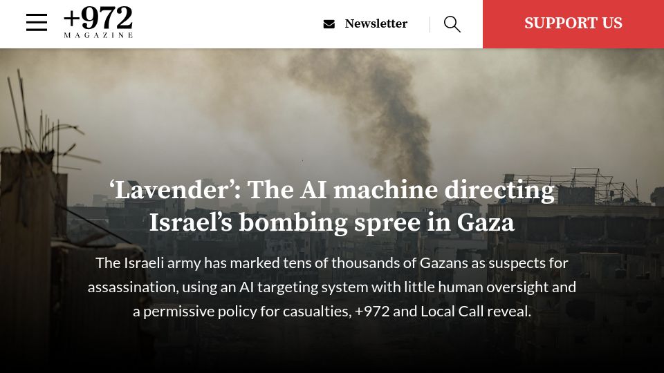 Screenshot of web.archive.org: 'Lavender': The AI machine directing Israel's bombing spree in Gaza