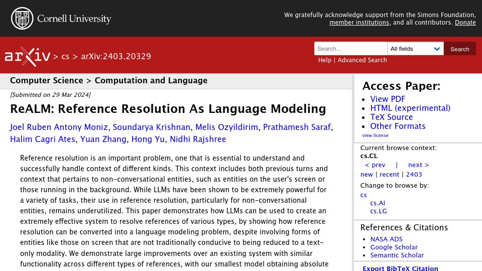 Screenshot of arxiv.org: ReALM: Reference Resolution as Language Modeling