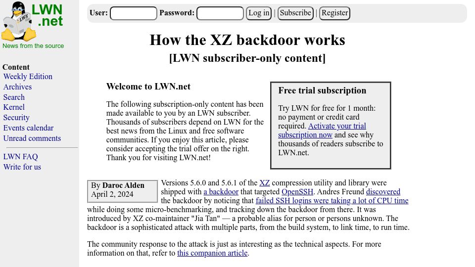 Screenshot of lwn.net: How the XZ Backdoor Works