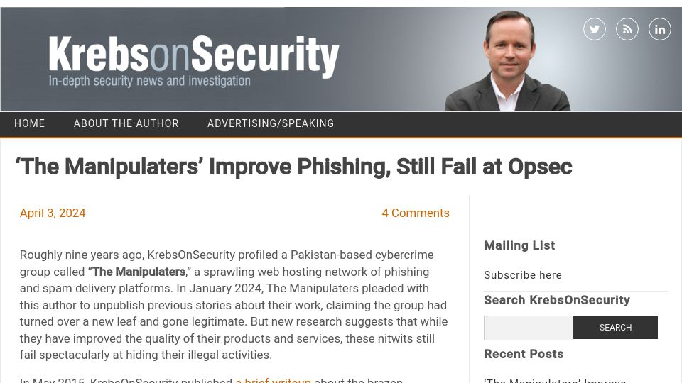 Screenshot of krebsonsecurity.com: 'The Manipulaters' improve phishing, still fail at opsec