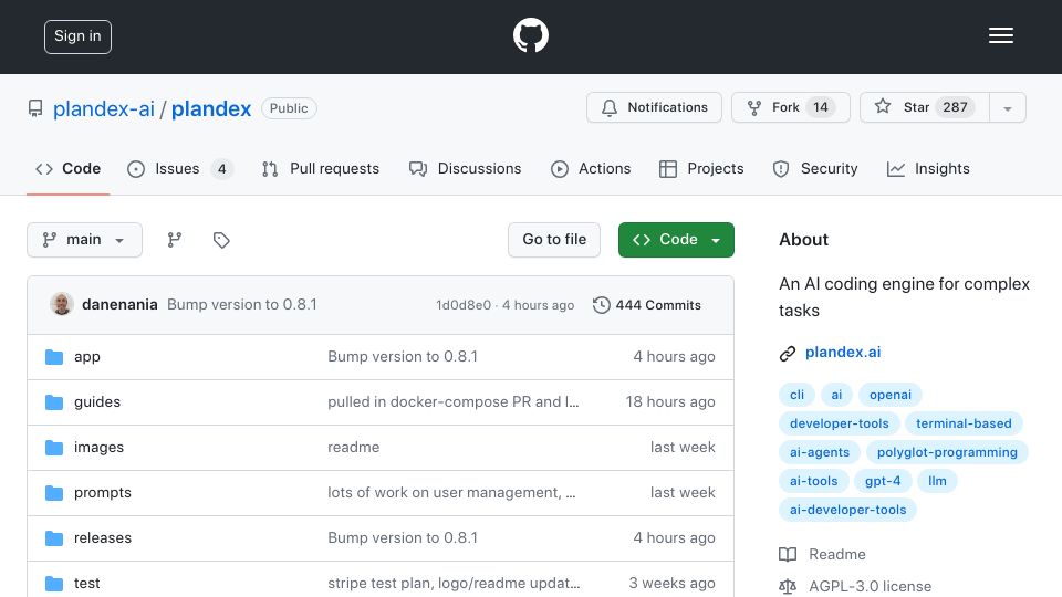 Screenshot of github.com: Show HN: Plandex – an AI coding engine for complex tasks