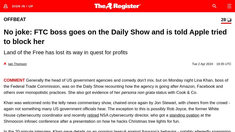 Screenshot of theregister.com: No joke: FTC boss goes on the Daily Show and is told Apple tried to block her