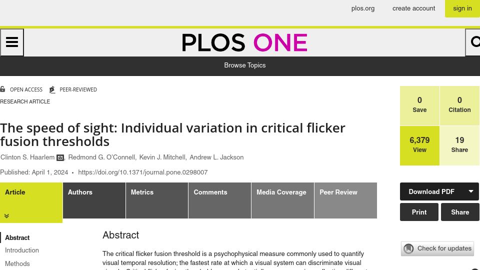 Screenshot of journals.plos.org: The speed of sight: Individual variation in critical flicker fusion thresholds