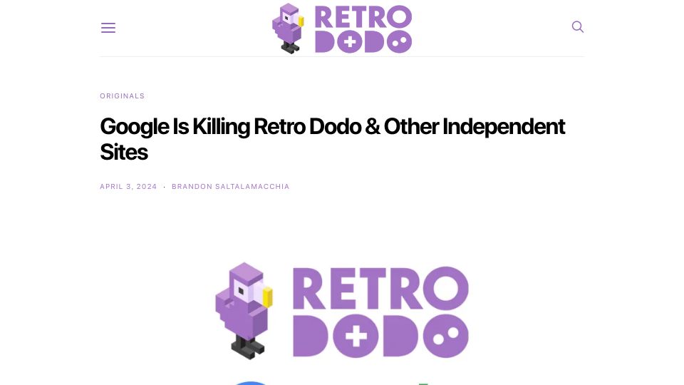 Screenshot of retrododo.com: Google Is Killing Retro Dodo and Other Independent Sites