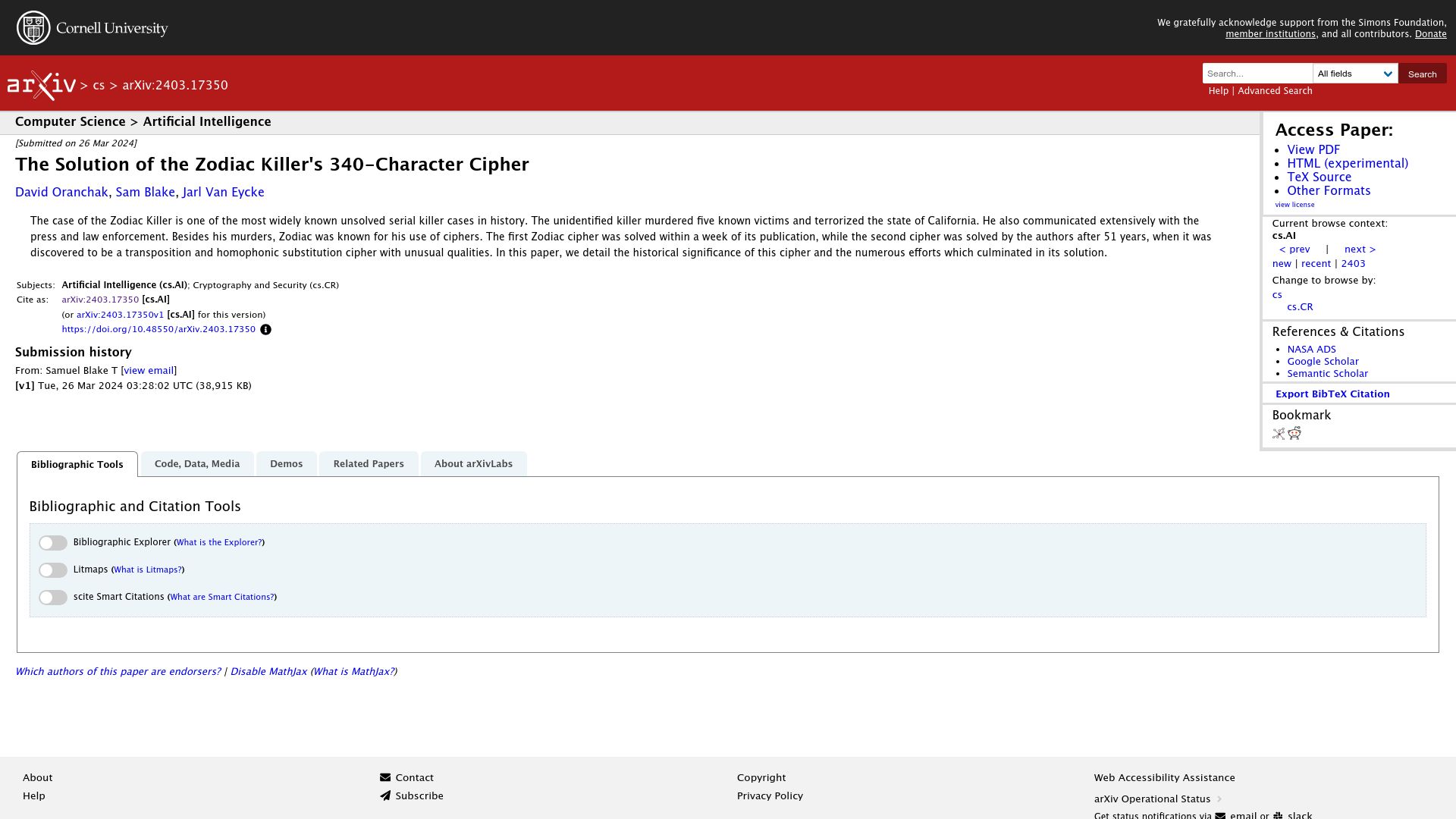 Screenshot of arxiv.org: The Solution of the Zodiac Killer's 340-Character Cipher