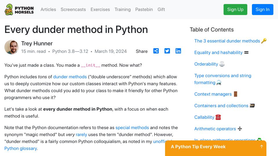 Screenshot of pythonmorsels.com: Every Dunder Method in Python