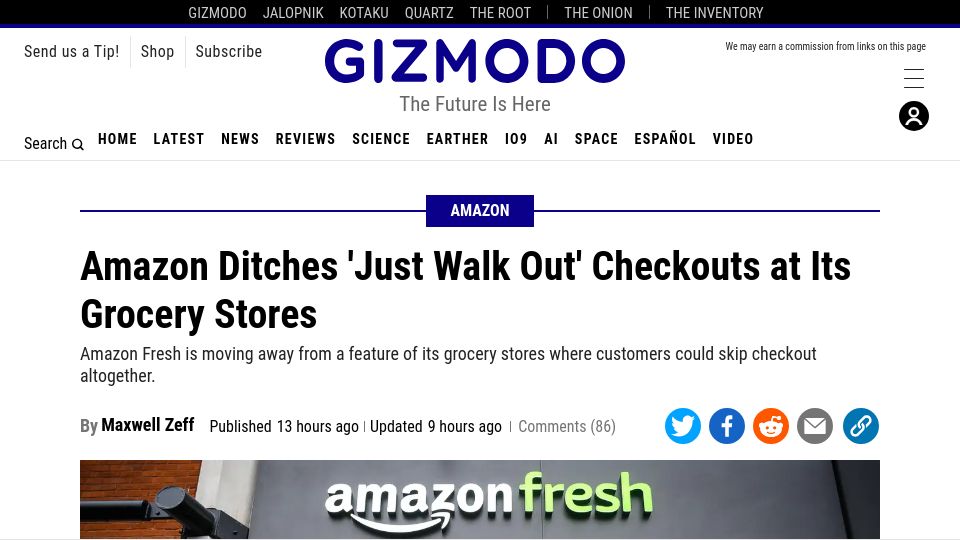 Screenshot of gizmodo.com: Amazon ditches 'just walk out' checkouts at its grocery stores