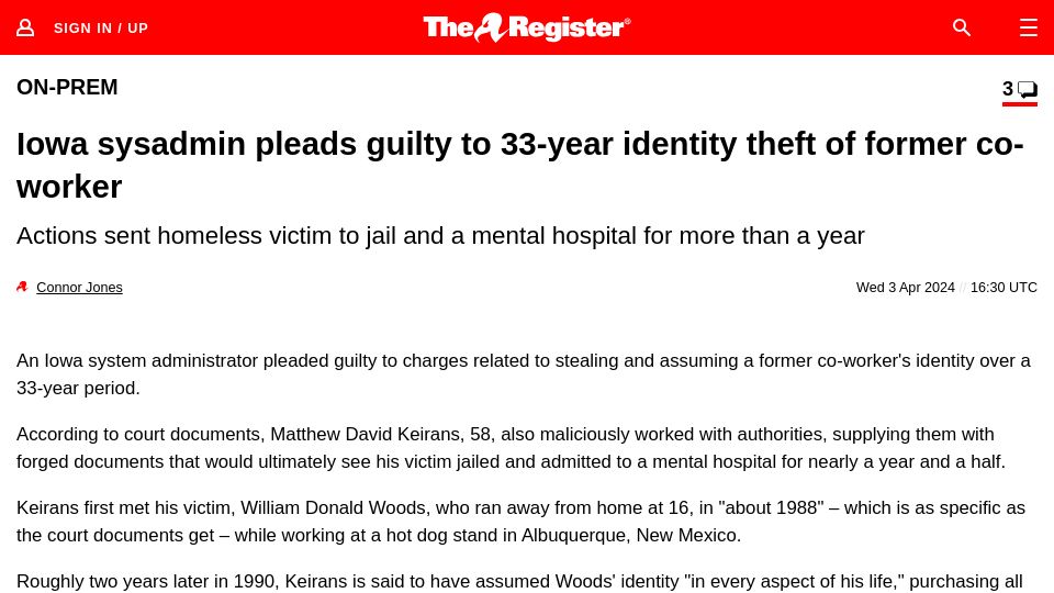 Screenshot of theregister.com: Iowa sysadmin pleads guilty to 33-year identity theft of former co-worker