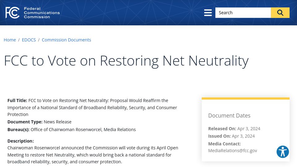 Screenshot of fcc.gov: FCC to vote on restoring net neutrality