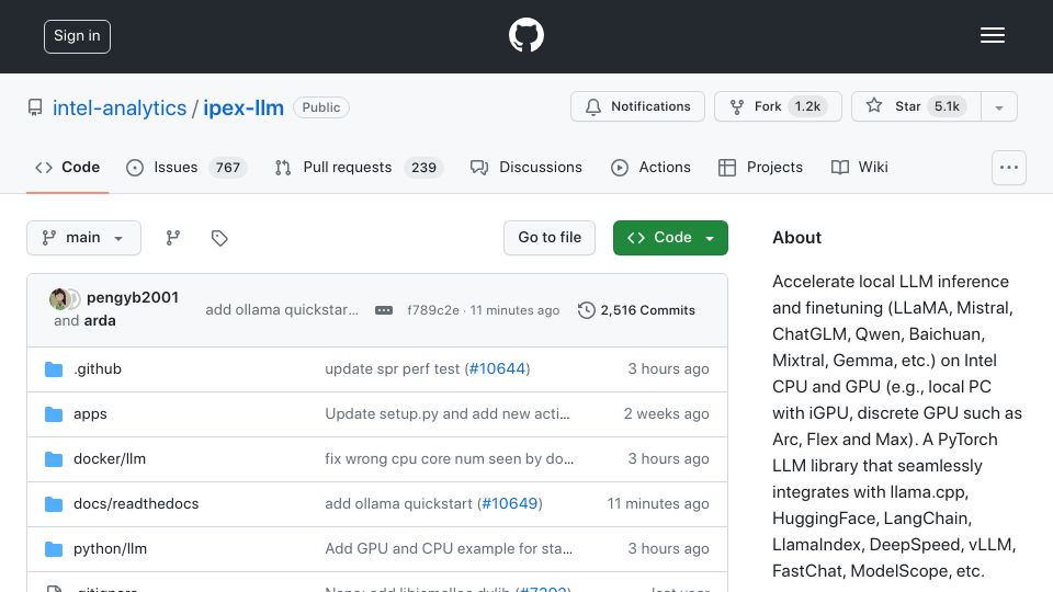 Screenshot of github.com: PyTorch Library for Running LLM on Intel CPU and GPU