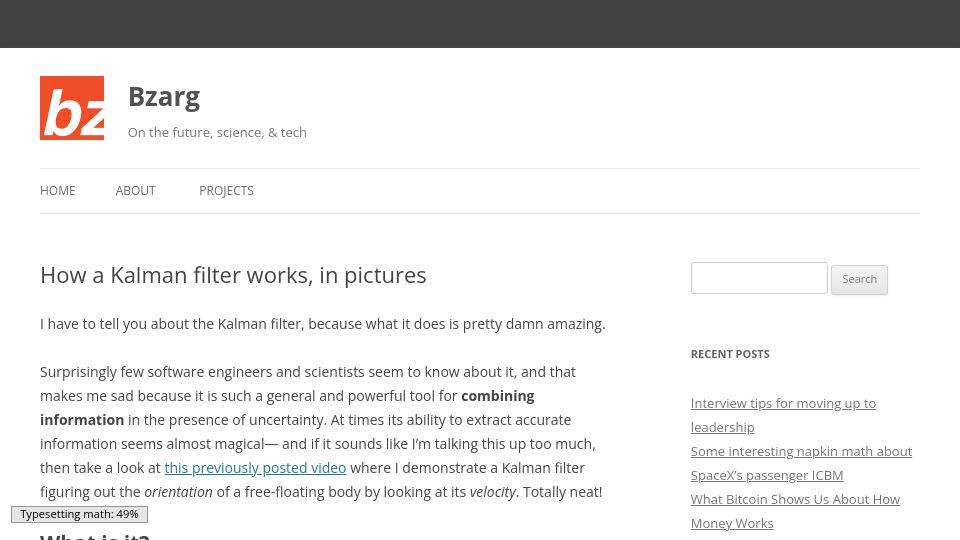 Screenshot of bzarg.com: How a Kalman filter works, in pictures