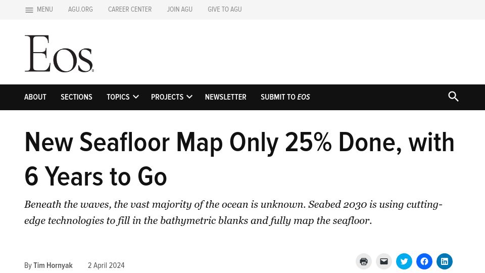 Screenshot of eos.org: New seafloor map only 25% done, with 6 years to go