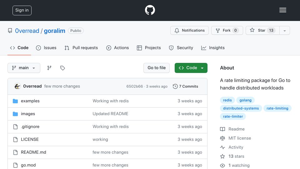 Screenshot of github.com: Show HN: Goralim - a rate limiting pkg for Go to handle distributed workloads